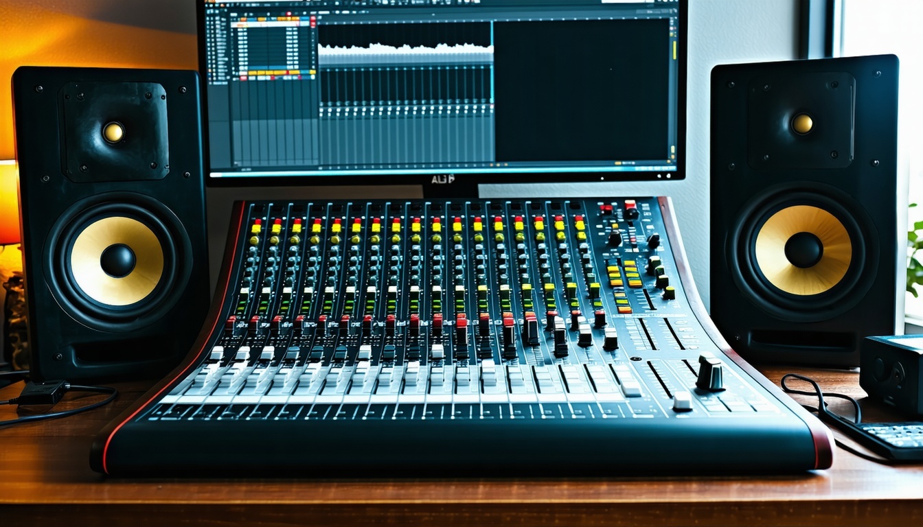 Audio Mixing Desk with mixing board speakers and computer monitor-1